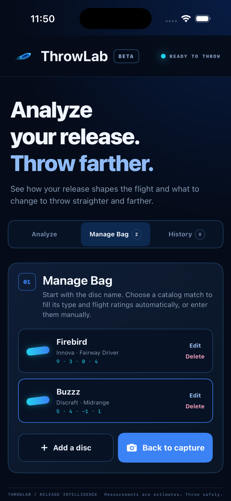 ThrowLab bag with Firebird and Buzzz flight ratings