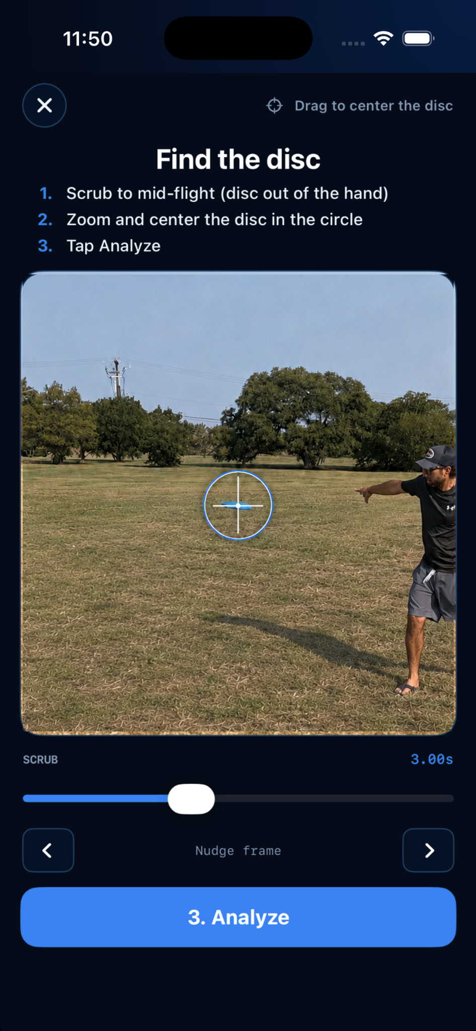ThrowLab screen used to center a disc in a mid-flight video frame