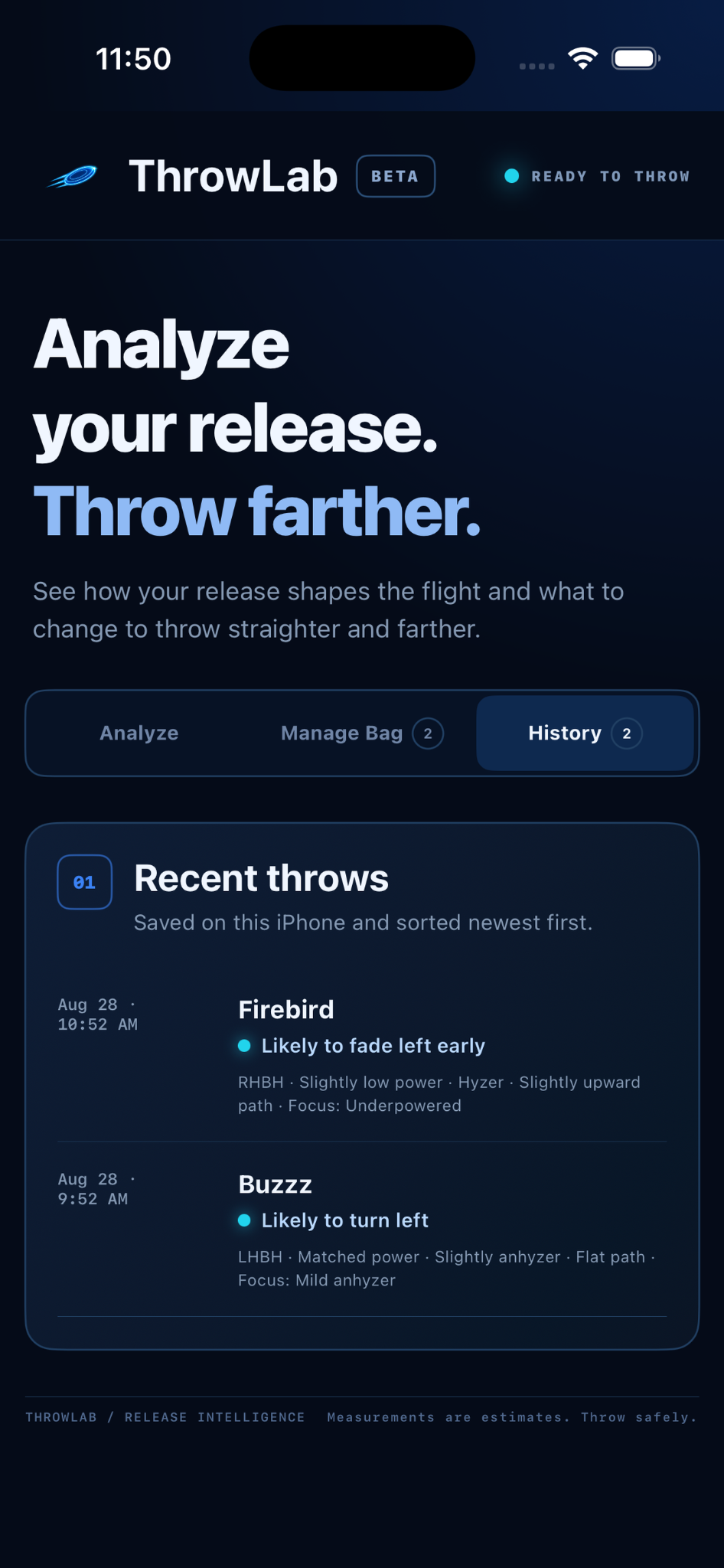 ThrowLab history of recent disc golf throws with power match and flight notes